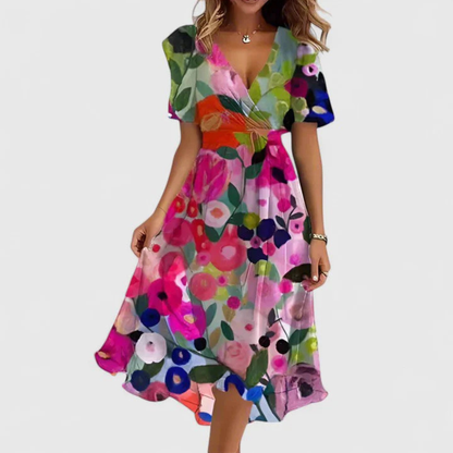 Floral V-Neck Short Sleeve Midi Dress
