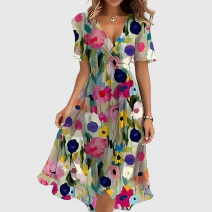 Floral V-Neck Short Sleeve Midi Dress