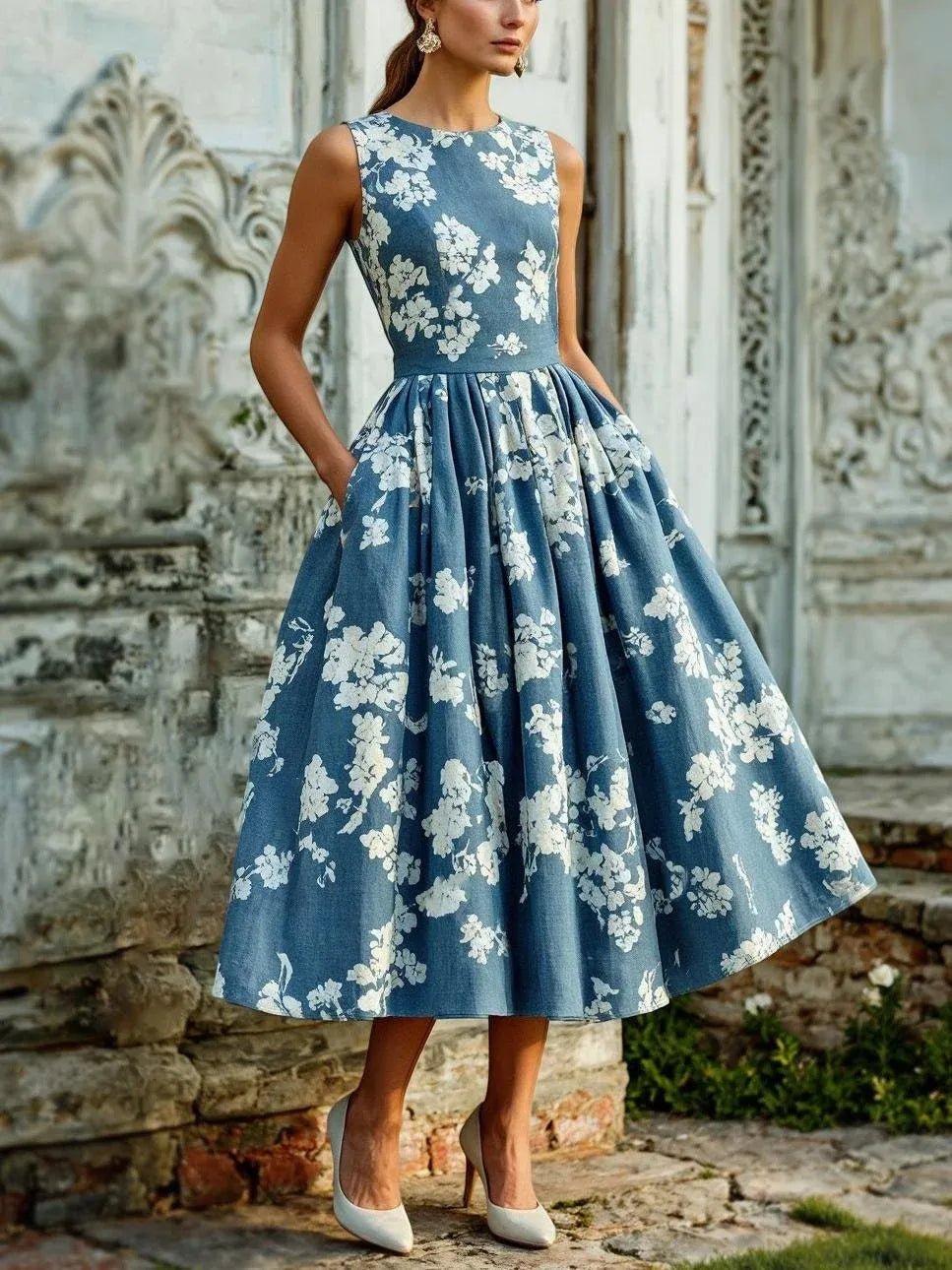 Off-Shoulder Floral Swing Midi Dress