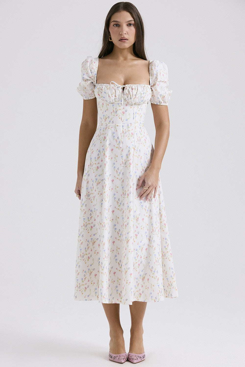 Arvelle Pleated Strapless Midi Wedding Guest Dress