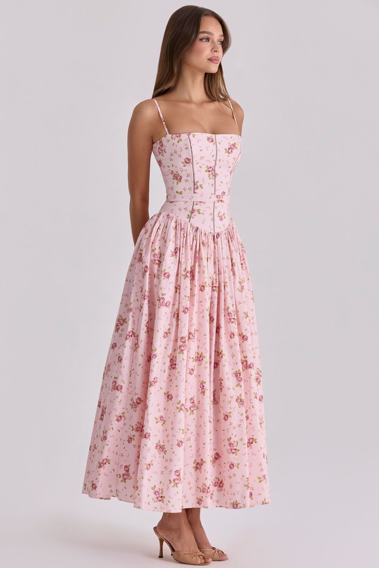 Arvelle Pleated Strapless Midi Wedding Guest Dress