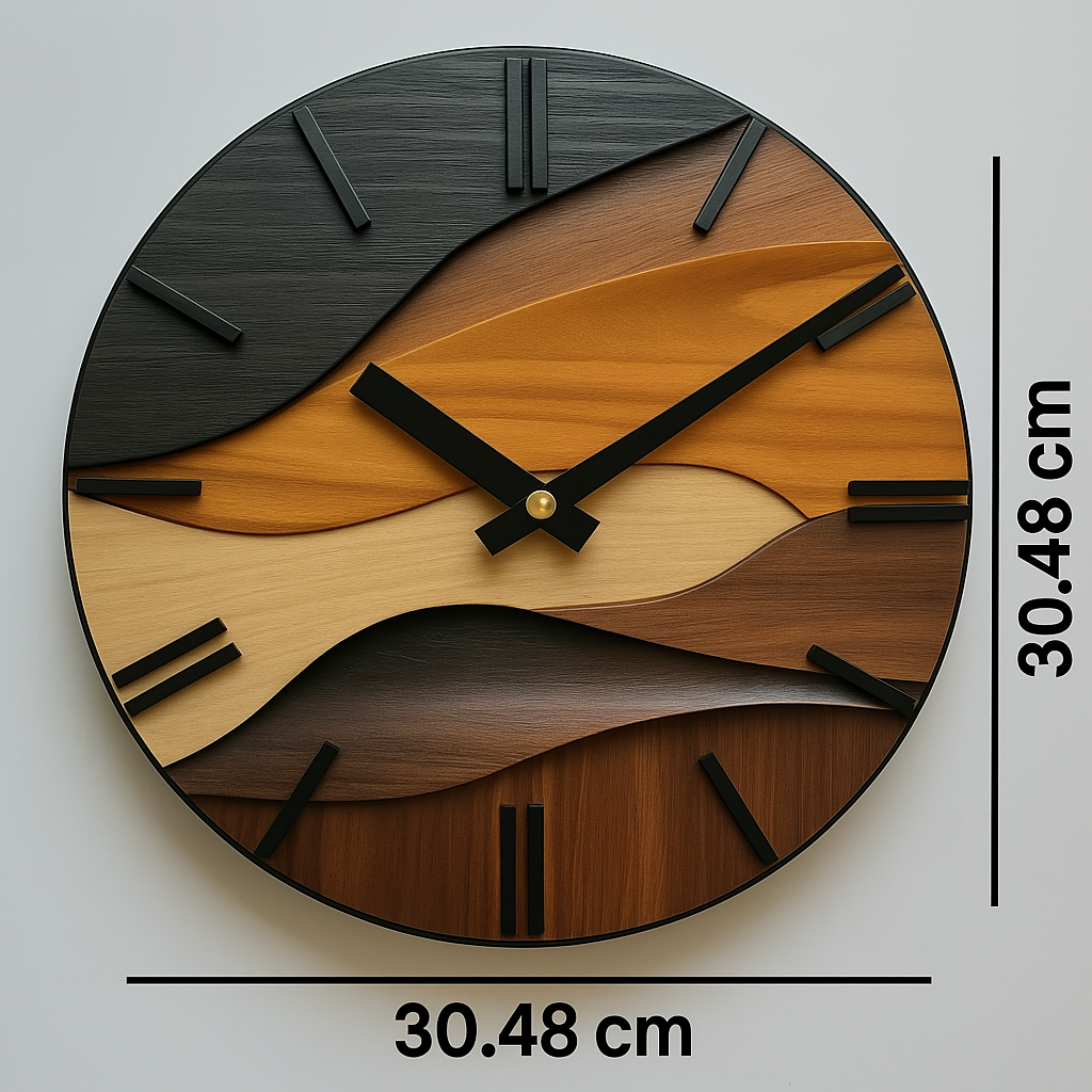 Artistic Round Wall Clock | Nordic Faux Wood Grain Design For Living Rooms, Halls and Studies