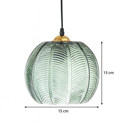 Pumpkin Ribbed Glass Pendant Lamp | Retro Green Hanging Light With A Golden Metal Accent Detail