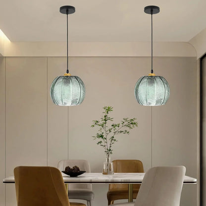 Pumpkin Ribbed Glass Pendant Lamp | Retro Green Hanging Light With A Golden Metal Accent Detail