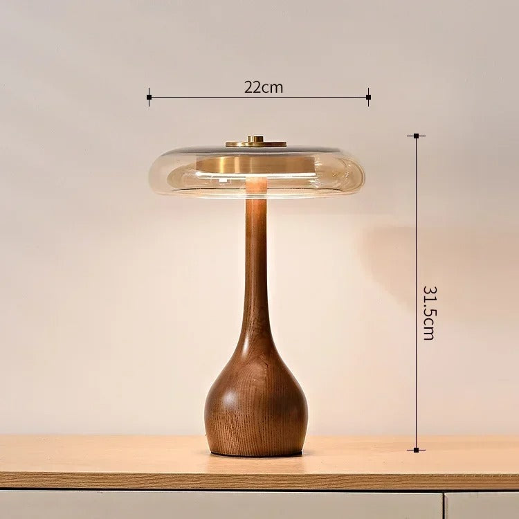 Cognara Glass Table Lamp | Modern Brass and Walnut Wood Accent Table Light In Two Lamp Heights