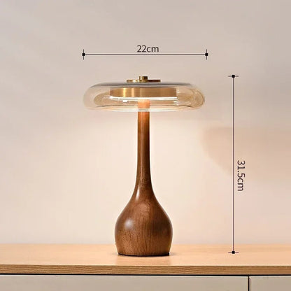 Cognara Glass Table Lamp | Modern Brass and Walnut Wood Accent Table Light In Two Lamp Heights