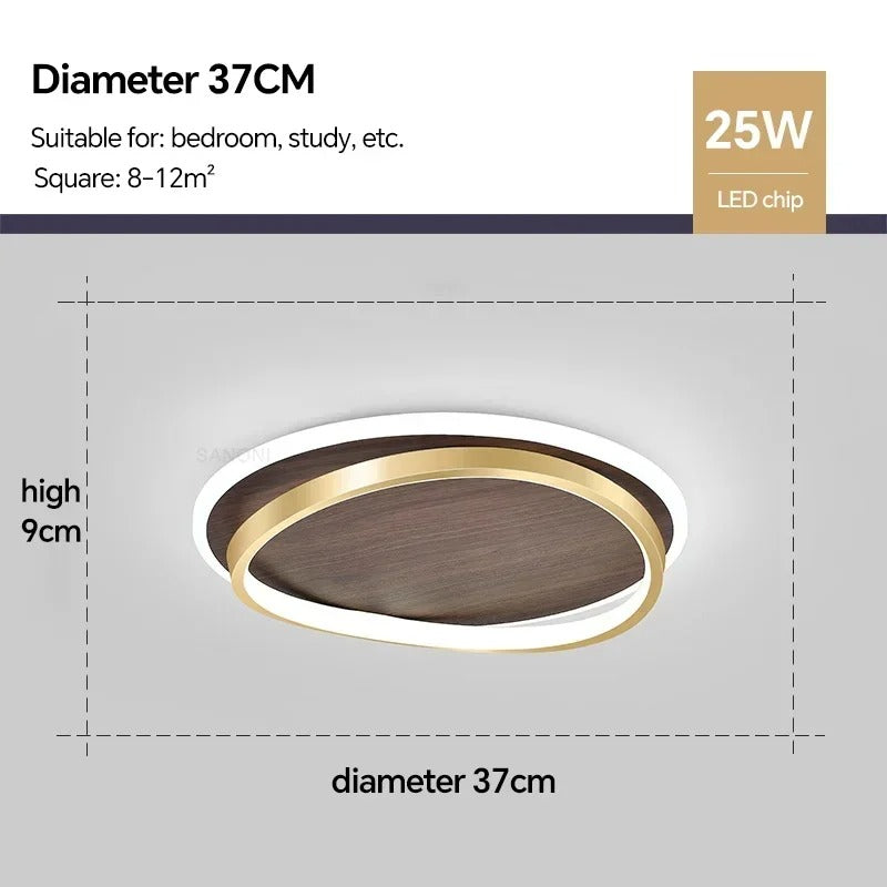 LED Modern Ceiling Lamp | Walnut and Gold Round Design In Three Different Round Panel Sizes