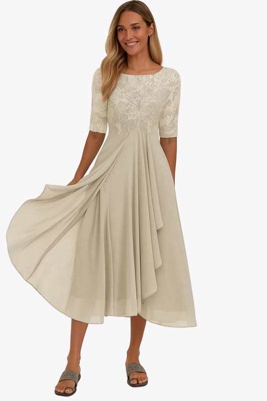 Elara Lace Bodice Sheer Sleeve Midi Dress