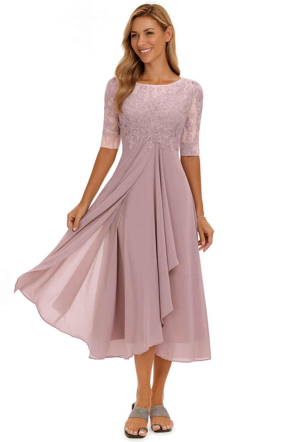 Elara Lace Bodice Sheer Sleeve Midi Dress