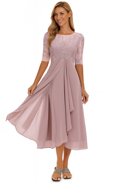 Elara Lace Bodice Sheer Sleeve Midi Dress