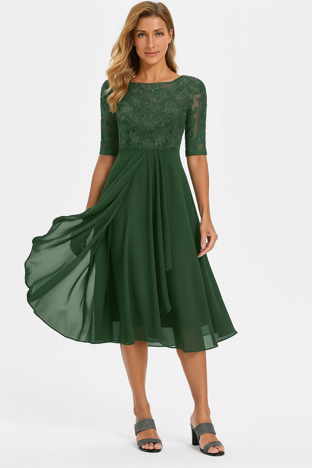 Elara Lace Bodice Sheer Sleeve Midi Dress