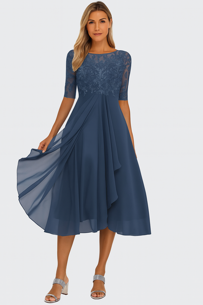 Elara Lace Bodice Sheer Sleeve Midi Dress