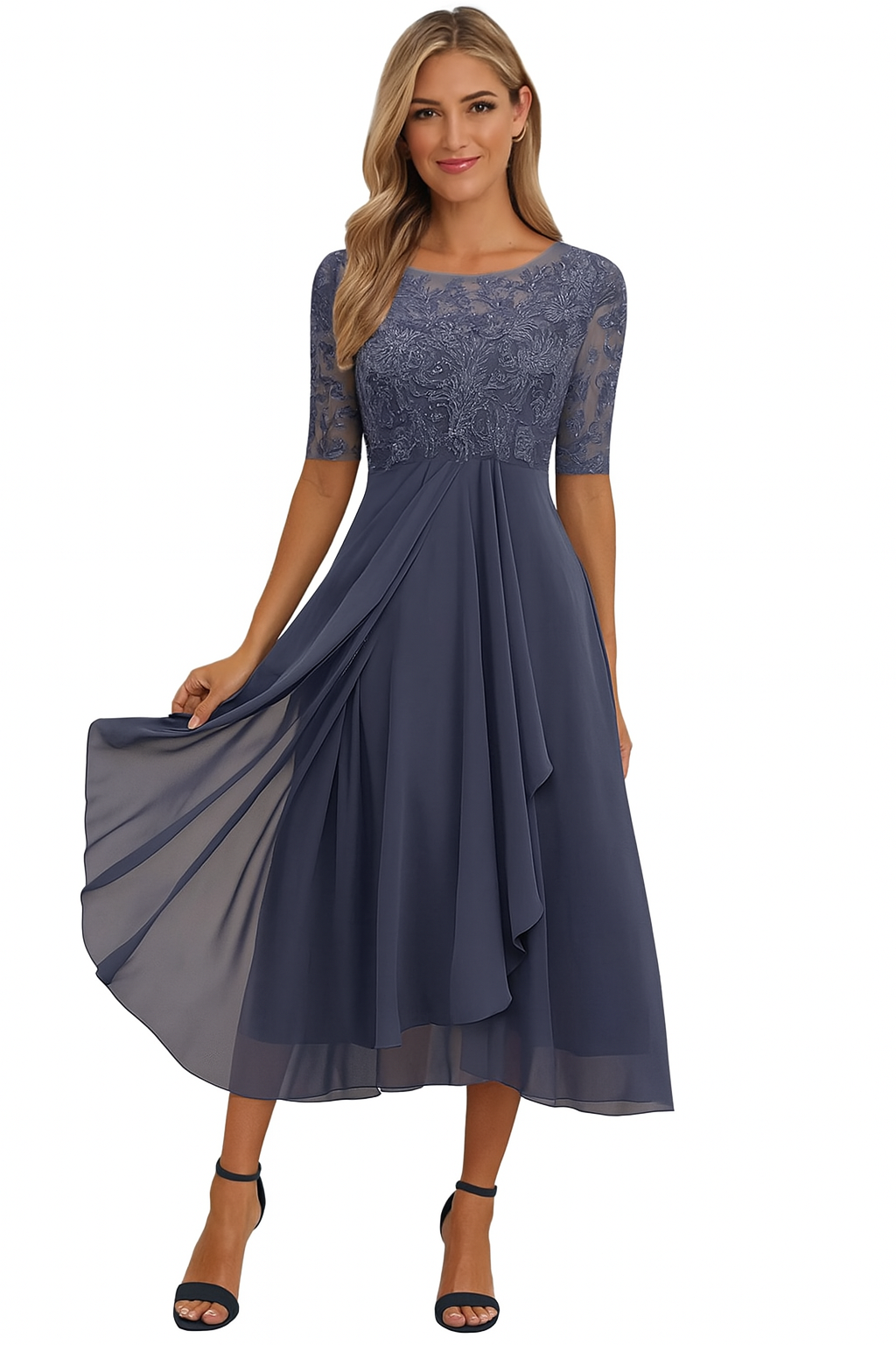 Elara Lace Bodice Sheer Sleeve Midi Dress