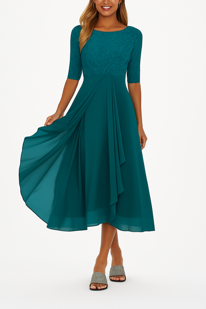 Elara Lace Bodice Sheer Sleeve Midi Dress